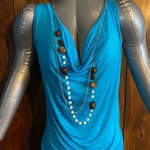 Blue Tunic Length Tank top with attached necklace